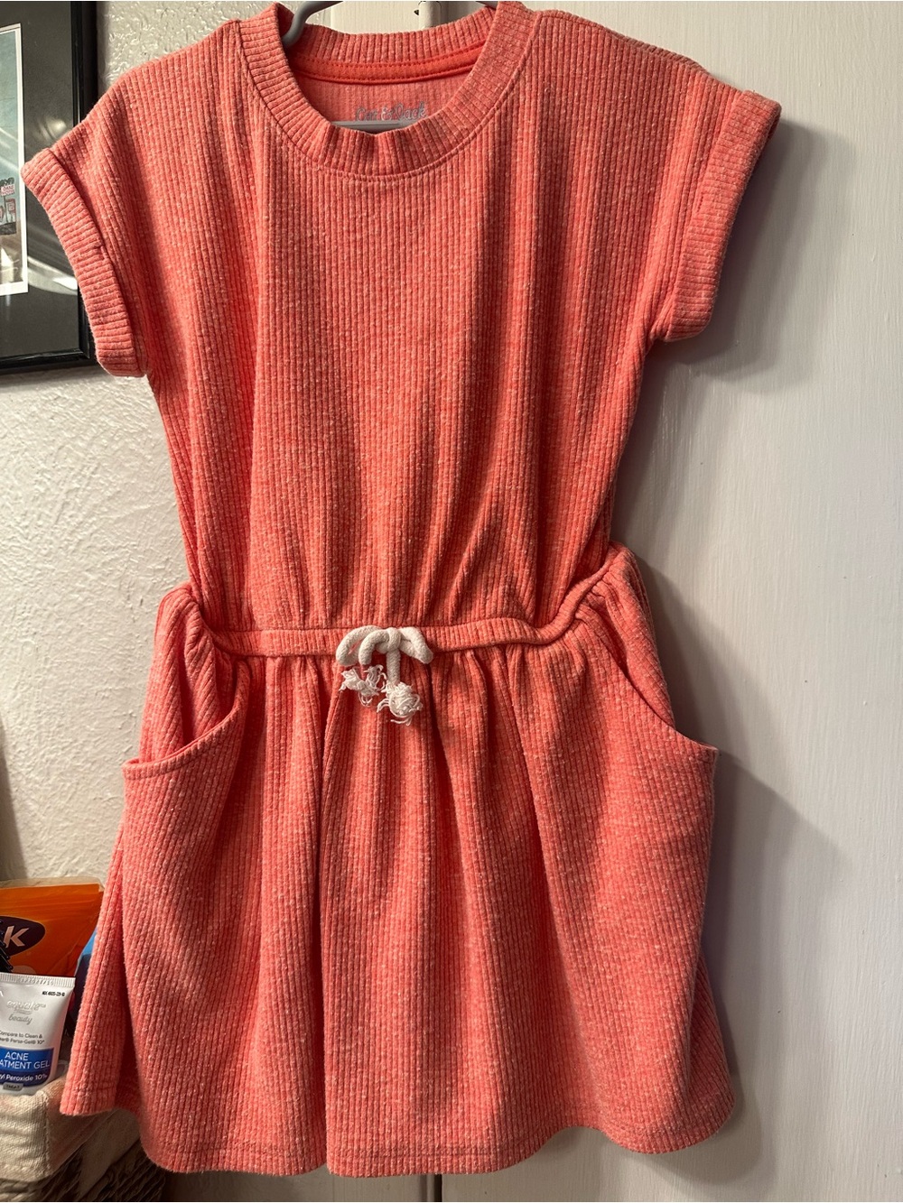 Cat & Jack Coral Knit Short-Sleeve Drawstring Pocket Dress